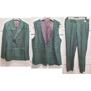 Tony & Tony Men's Custom Made 3pc Suit - Green w/ Purple Satin Lining - 44L